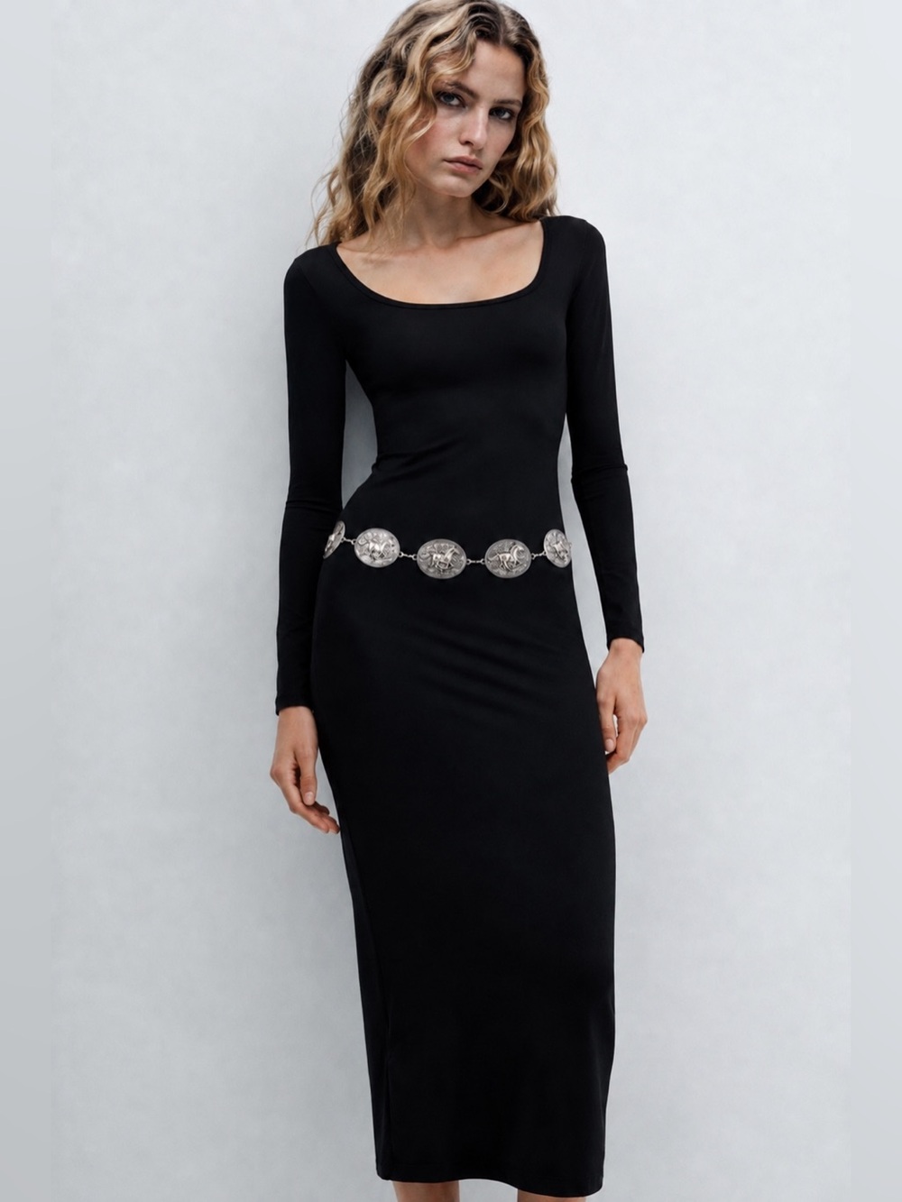 NWT Mango Black Low Cut Fitted Long Sleeves Midi Dress